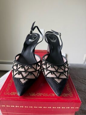 Rene Caovilla Black and Blush Pointed Slingback Heels with Beaded Trim